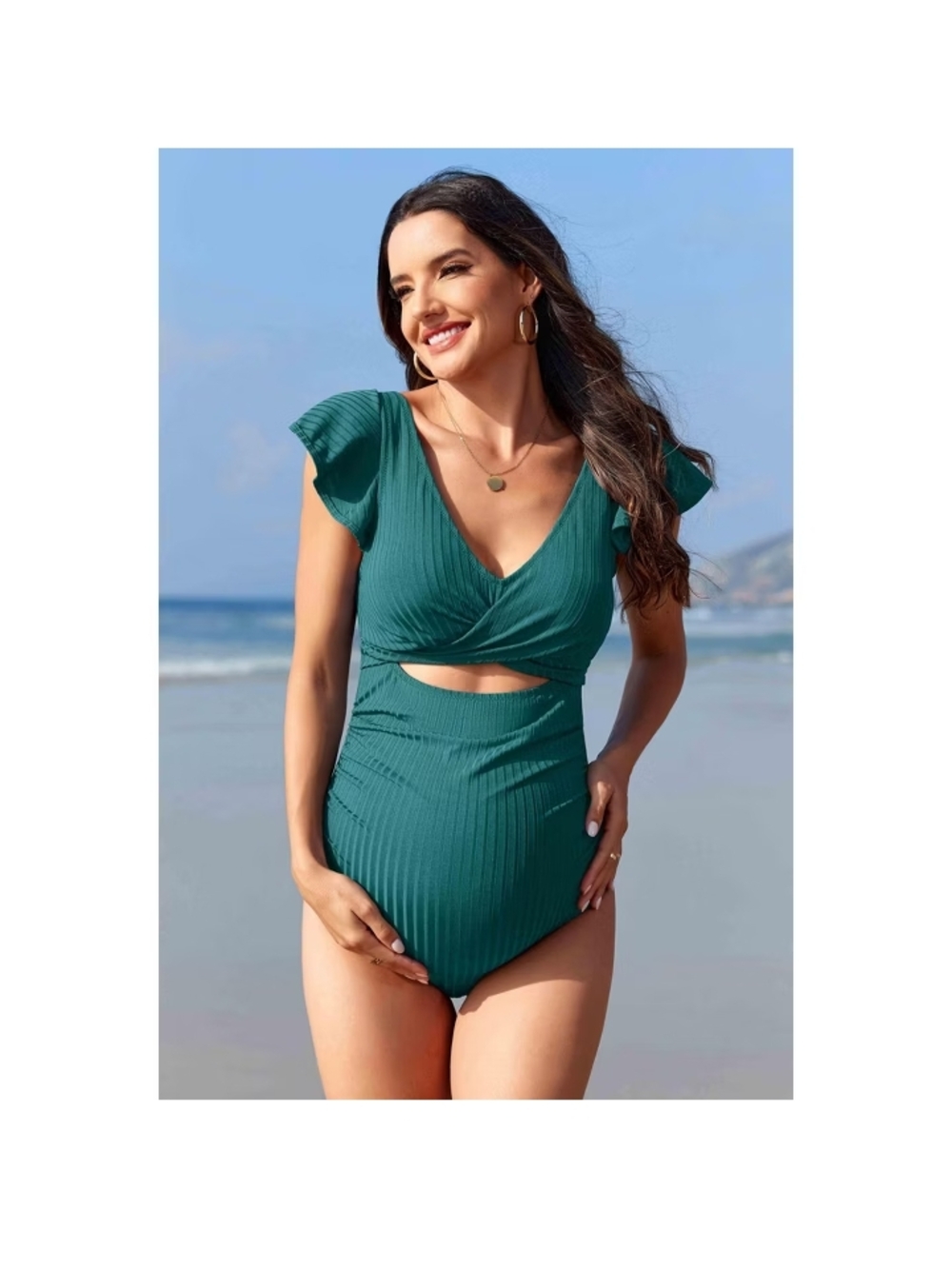 Maternity swimsuit Teal Ribbed One-Piece Swimwear with Flutter Sleeves